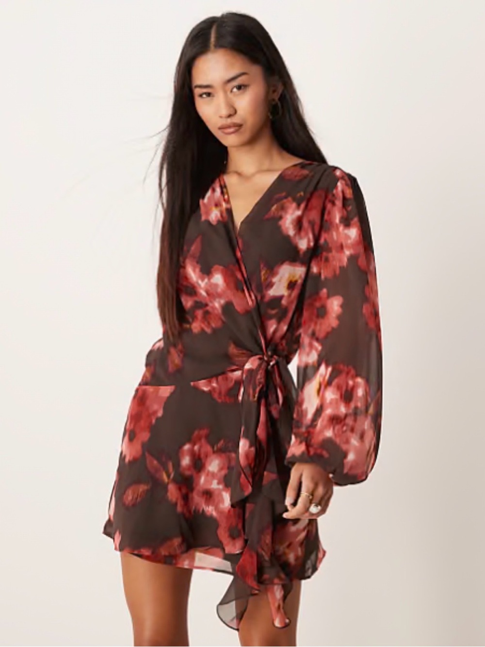 Abercrombie Long Sleeve Wrap Mini Dress in Brown Floral